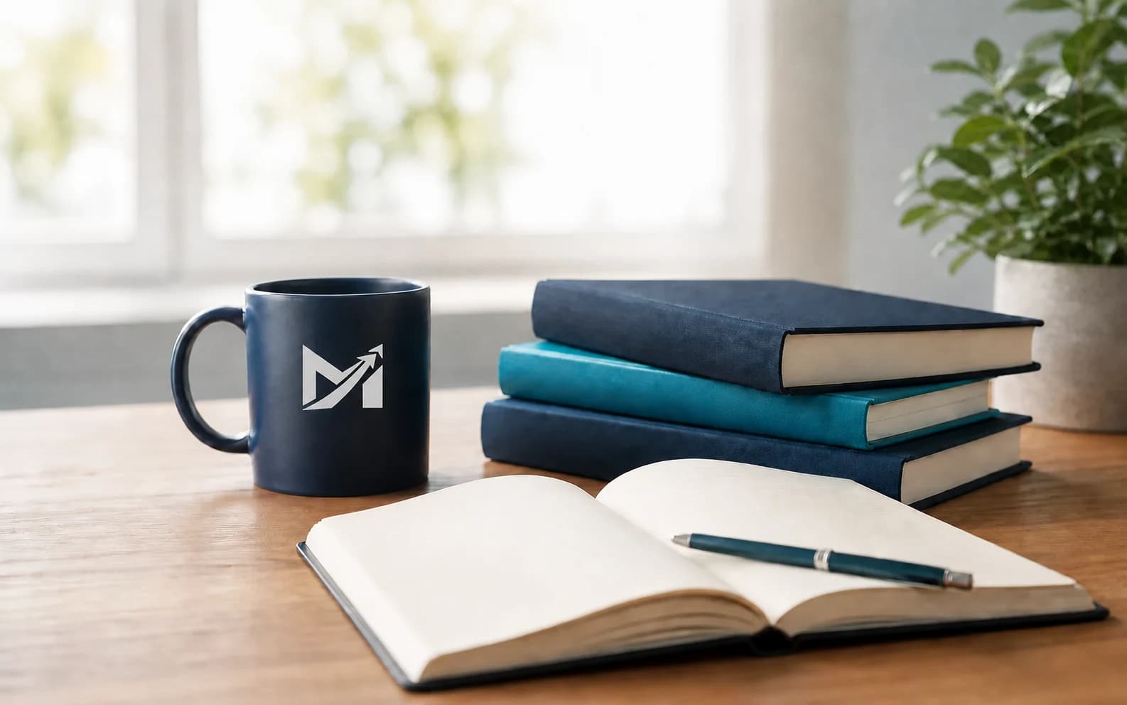 Kitaplar, defter, kalem ve kupanın bulunduğu eğitim çalışma masası